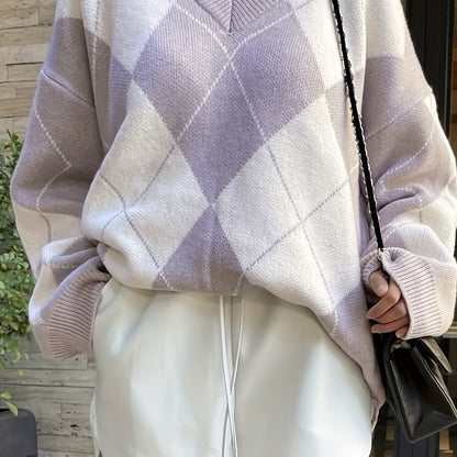 Sixsr Diamond Lattice Pattern Knitted Pullover Top, Casual V Neck Long Sleeve Sweater For Fall & Winter, Women's Clothing