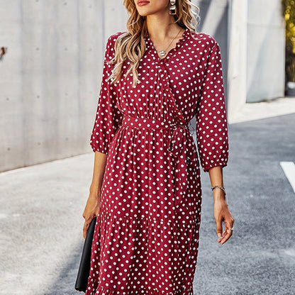 Sixsr Polka Dot Print 3/4 Sleeve Dress, Elegant Wrap Neck Midi Dress, Women's Clothing