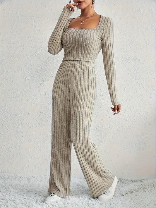 Sixsr Casual Solid Ribbed Two-piece Set, Long Sleeve Top & High Waist Pants Outfits, Women's Clothing