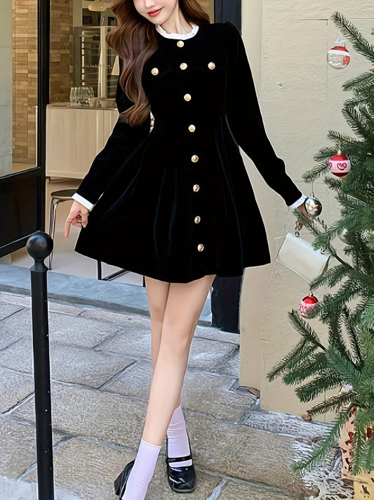 Sixsr Solid Button Front Waist Velvet Dress, Elegant Long Sleeve Frill Trim Dress, Women's Clothing