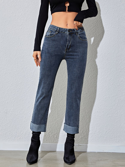Sixsr Raw Hem Rolled Legs Mid Rise Slim Fit Straight Legs High Stretchy Washed Blue Color Vintage Straight Jeans, Women's Denim Jeans