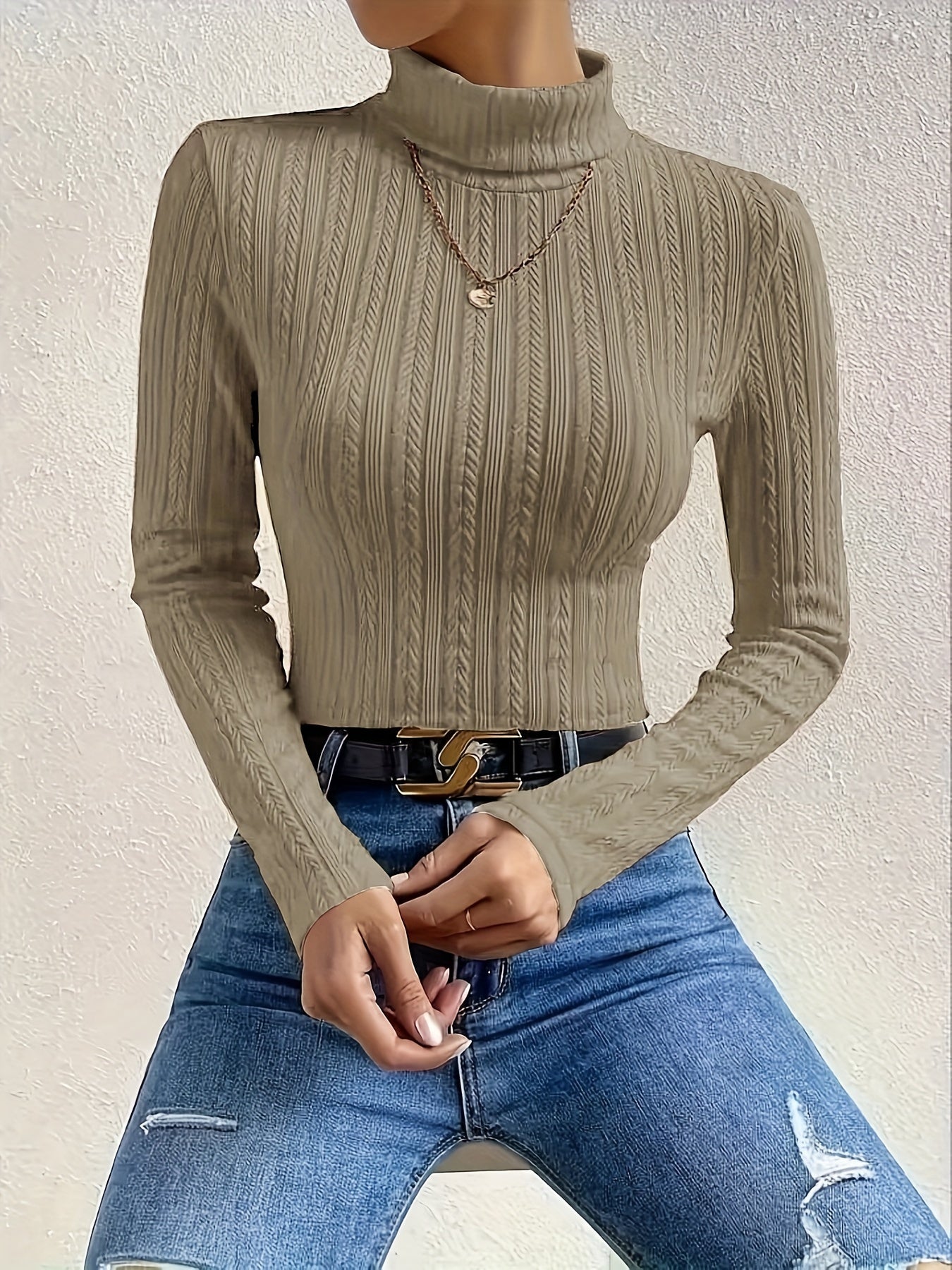 Sixsr Solid Turtleneck Textured T-shirt, Versatile Long Sleeve Slim T-shirt For Fall & Winter, Women's Clothing