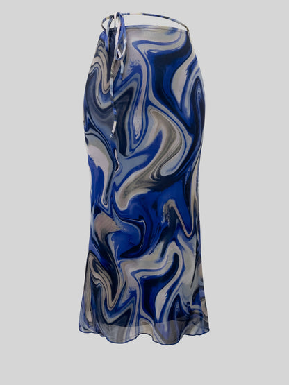 Sixsr All Over Print Tie Waist Mesh Skirt, Casual Skirt For Spring & Summer, Women's Clothing