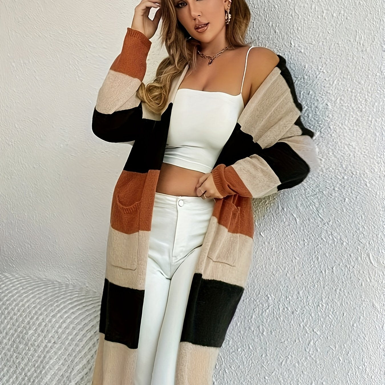 Color Block Striped Open Front Cardigan, Casual Long Sleeve Cardigan, Women's Clothing