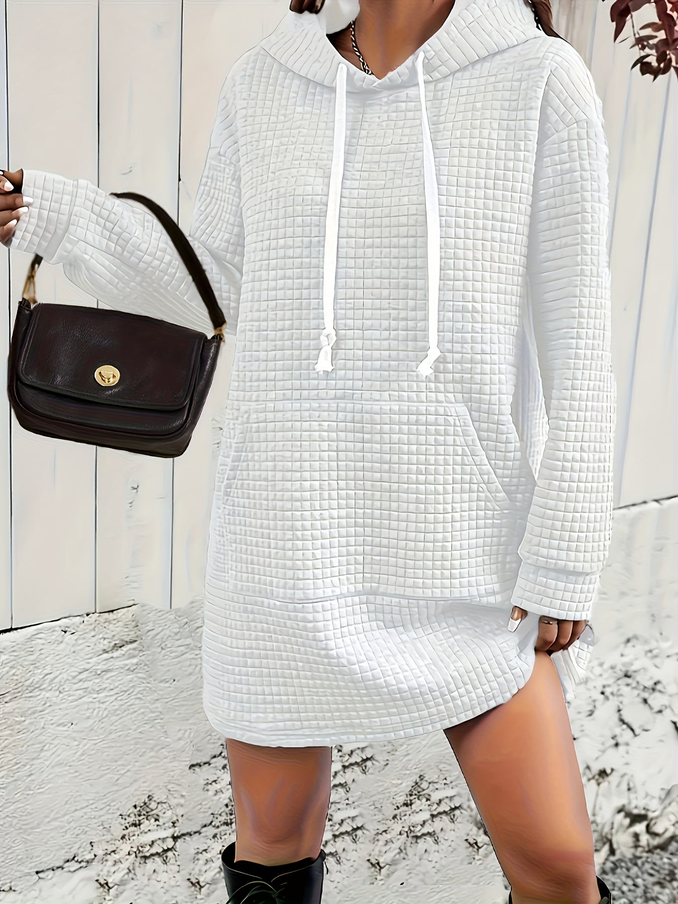 Sixsr Textured Drawstring Dress, Casual Hooded Long Sleeve Kangaroo Pocket Dress, Women's Clothing