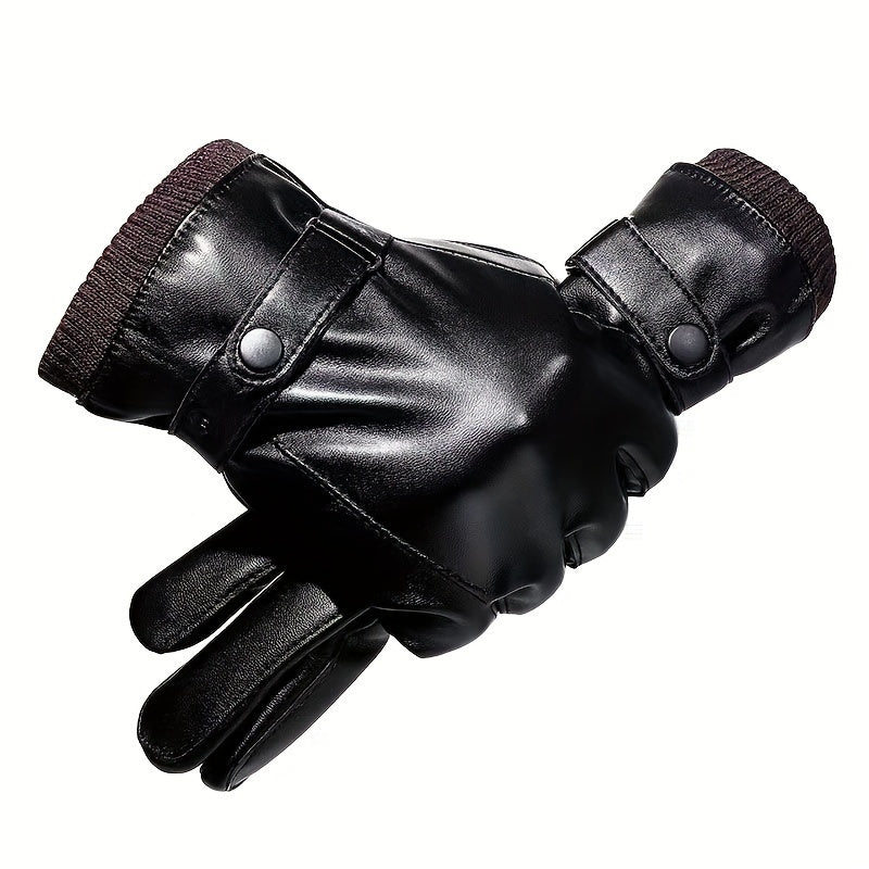 Men'S Winter Touchscreen Gloves, Warm Fleece Lining, Windproof, Enhanced Grip, Suitable for Riding & Driving, Machine Washable, PU Fabric, Button Closure - Ski Gloves for Men