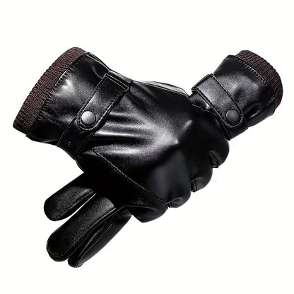 Men'S Winter Touchscreen Gloves, Warm Fleece Lining, Windproof, Enhanced Grip, Suitable for Riding & Driving, Machine Washable, PU Fabric, Button Closure - Ski Gloves for Men