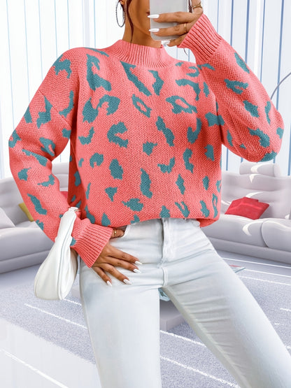 Sixsr Graphic Pattern Mock Neck Pullover Sweater, Casual Long Sleeve Sweater, Women's Clothing
