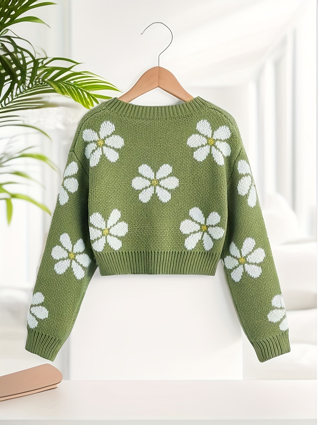 Sixsr Floral Jacquard Girls Drop Shoulder V-neck Knitted Sweater For Fall Winter