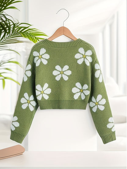 Sixsr Floral Jacquard Girls Drop Shoulder V-neck Knitted Sweater For Fall Winter