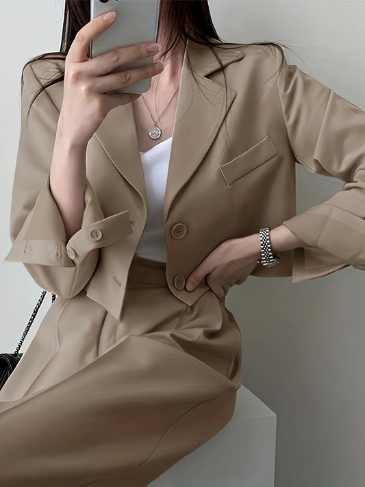 Sixsr Solid Button Front Crop Blazer, Elegant Lapel Long Sleeve Blazer For Office & Work, Women's Clothing