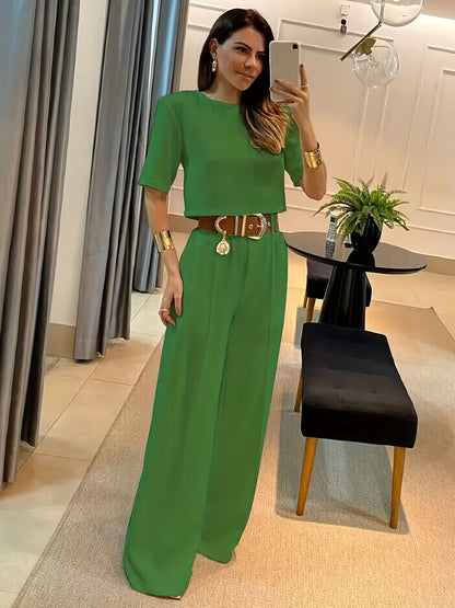 Women's Casual Two-piece Set with Wide Leg Pants - Short Sleeve Crop Top and Wide Leg Pants Outfit for Comfortable and Stylish Look