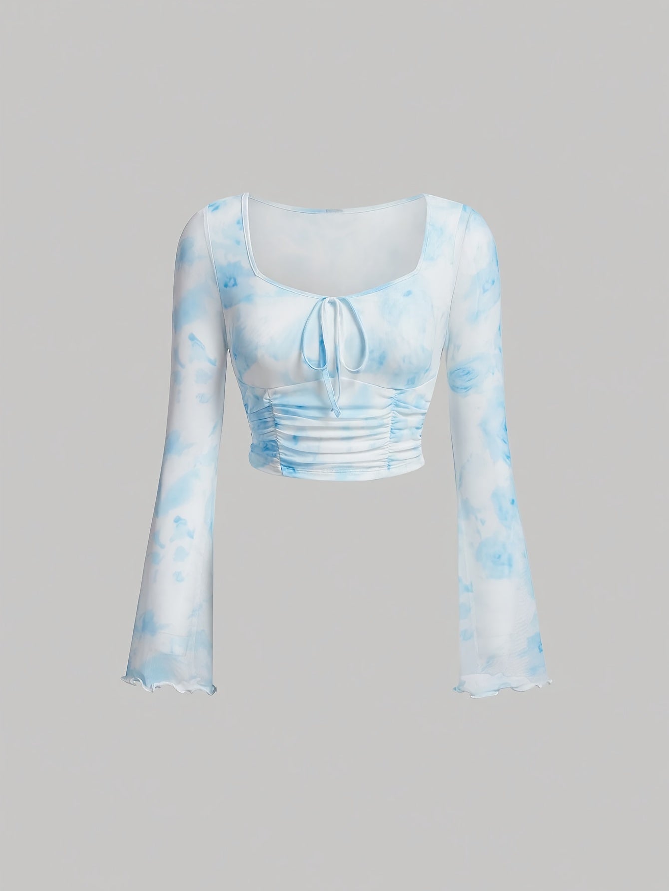 Sixsr Tie Dye Print Tie Front Ruched T-Shirt, Casual Long Flare Sleeve Top For Spring & Fall, Women's Clothing