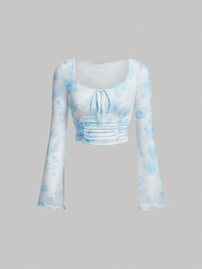 Sixsr Tie Dye Print Tie Front Ruched T-Shirt, Casual Long Flare Sleeve Top For Spring & Fall, Women's Clothing