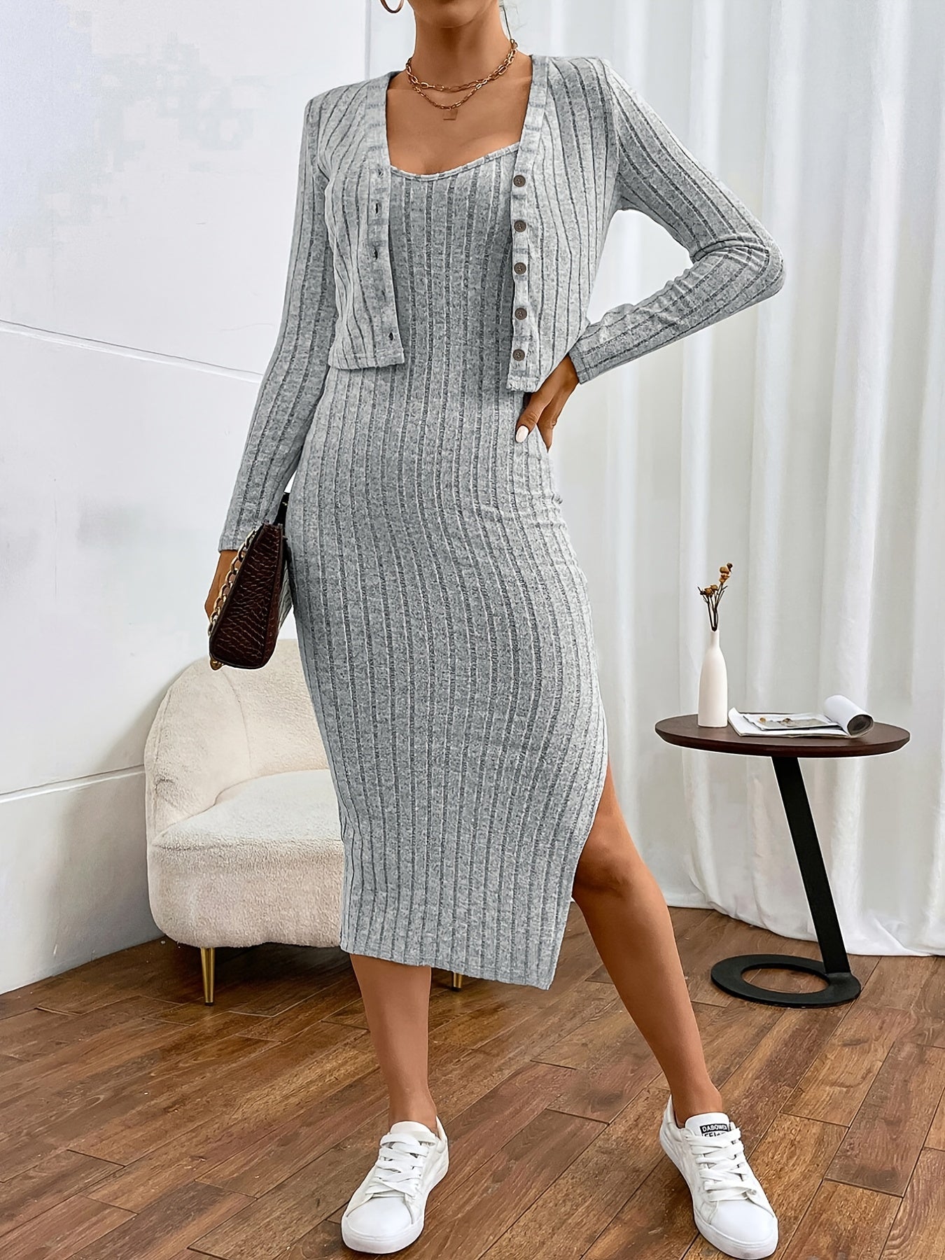 Women's Solid Ribbed Two-piece Set - Long Sleeve Cardigan & Bodycon Split Dress Outfit for a Stylish and Comfortable Look