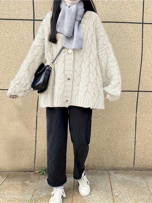 Sixsr Button Front Twist Knitted Cardigan Sweater, Casual V-neck Sweater For Fall & Winter, Women's Clothing