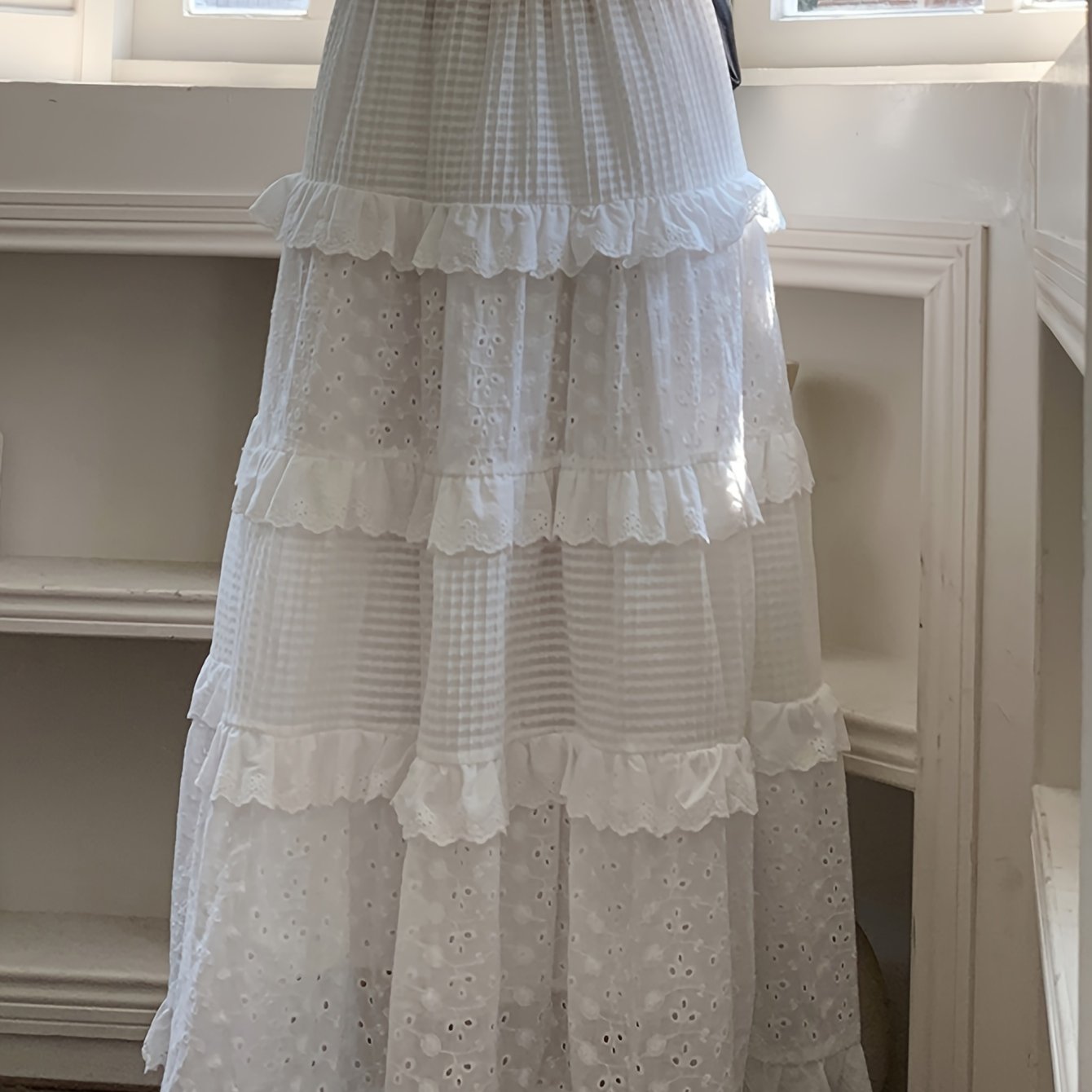 Sixsr Eyelet Embroidered Layer Ruffle Maxi Skirt, Boho Elastic Waist A Line Skirt, Women's Clothing