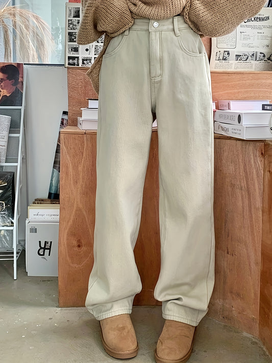 Sixsr Fleece Liner Casual Straight Jeans, Loose Fit Keep Warm Denim Pants, Women's Denim Jeans & Clothing