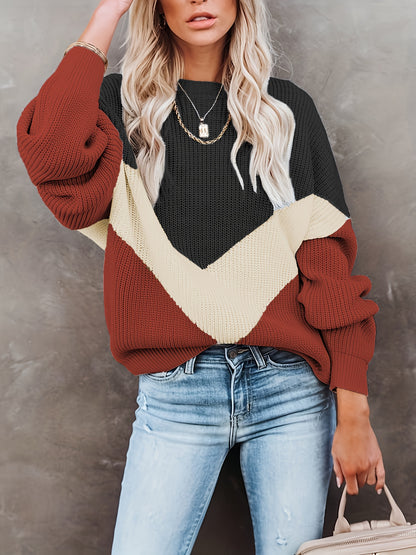 Sixsr Color Block Crew Neck Pullover Sweater, Casual Long Sleeve Sweater For Fall & Winter, Women's Clothing