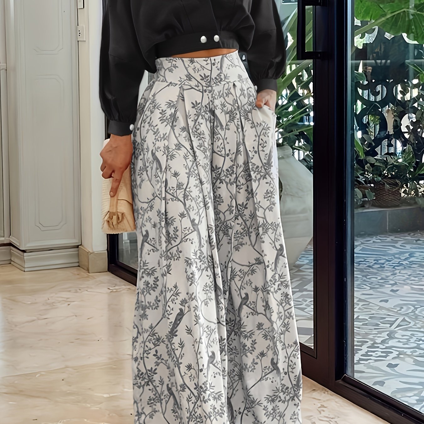 Casual Two-piece Set, Solid Surplice Neck Tops & Floral Print Wide Leg Pants Outfits, Women's Clothing