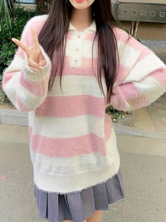 Sixsr Striped Print Collar Knit Sweater, Vintage Drop Shoulder Long Sleeve Sweater, Women's Clothing