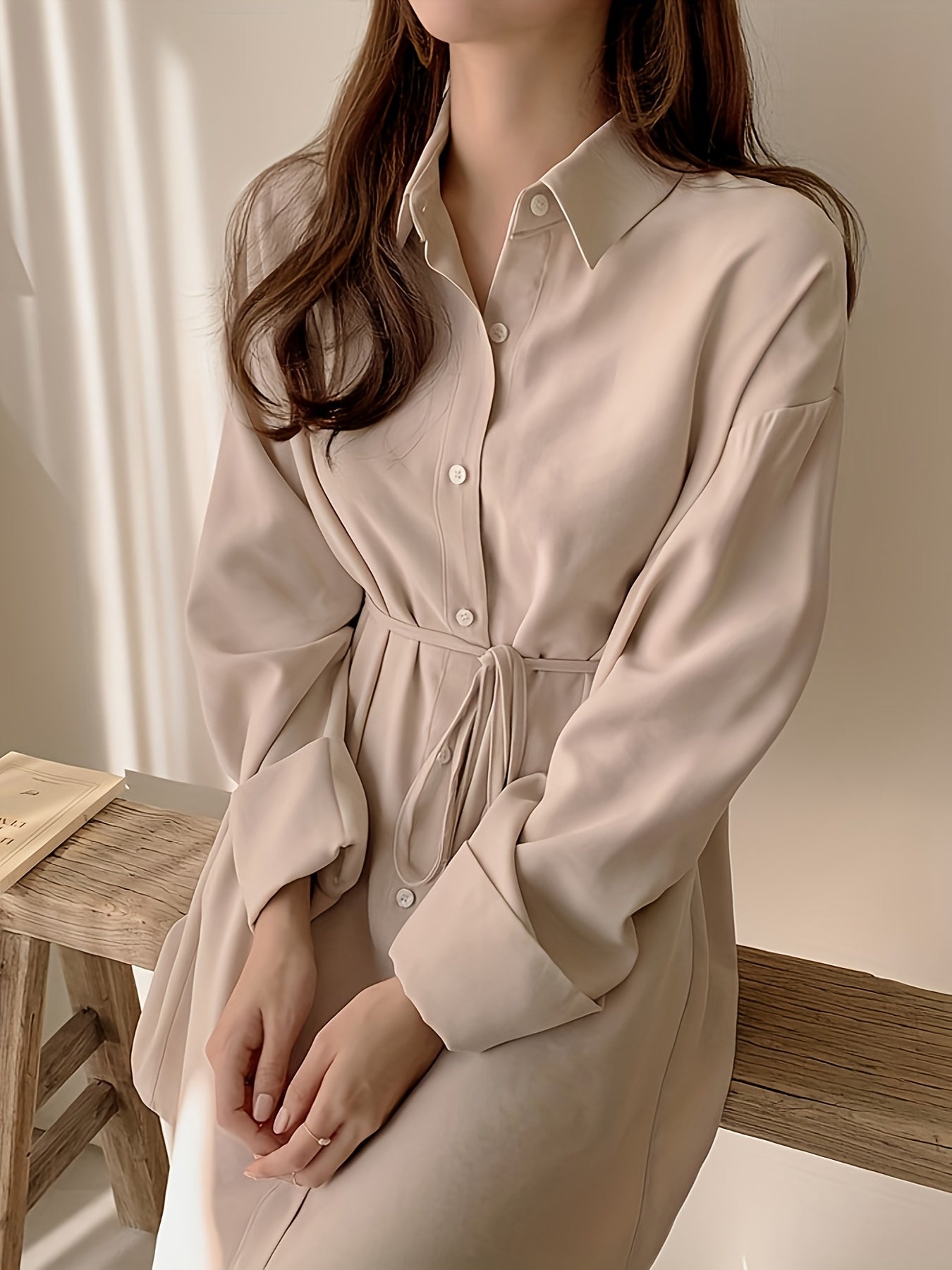 Sixsr Single Breasted Tie Waist Dress, Elegant Solid Long Sleeve Shirt Dress For Spring & Fall, Women's Clothing