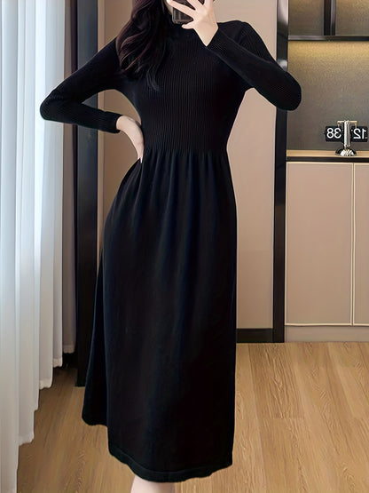 Sixsr Solid Long Sleeve Knit Dress, Elegant Mock Neck A-line Dress For Fall & Winter, Women's Clothing