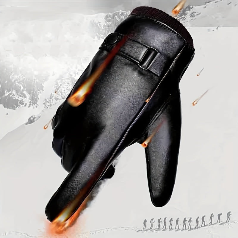 Men'S Winter Touchscreen Gloves, Warm Fleece Lining, Windproof, Enhanced Grip, Suitable for Riding & Driving, Machine Washable, PU Fabric, Button Closure - Ski Gloves for Men
