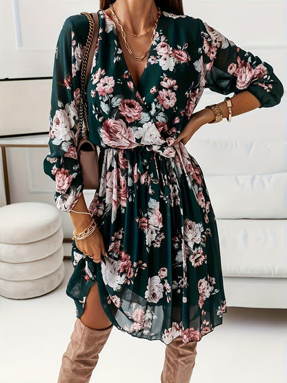 Floral Print Split Hem A-line Dress, Vintage V Neck Long Sleeve Dress, Women's Clothing