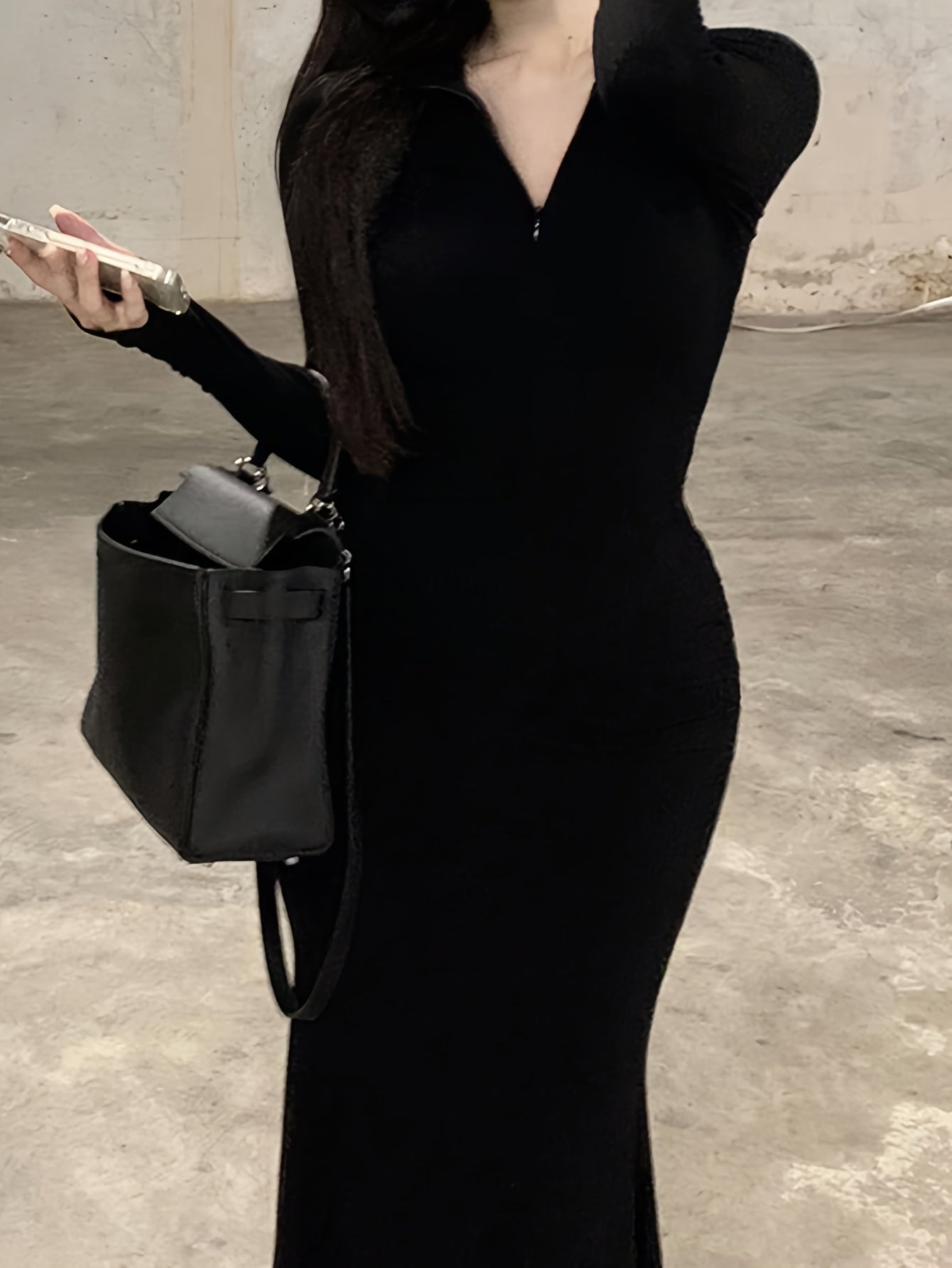 Solid Color Zipper Lapel Slim Dress, Chic Long Sleeve Maxi Length Dress, Women's Clothing