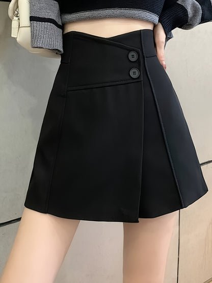 Sixsr Solid High Waist Skort, Casual Button Loose Skorts, Women's Clothing