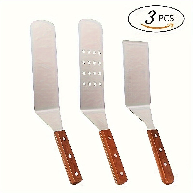 3pcs/set Stainless Steel Metal Spatula Set - Premium Burger Turner with Ergonomic Wooden Handle for Effortless Flipping, Perfect for Barbecue, Steak, Pizza, Kitchen Tools, Outdoor Camping Picnic, Cookware Barbecue Tool Accessories with Heat Resistant and