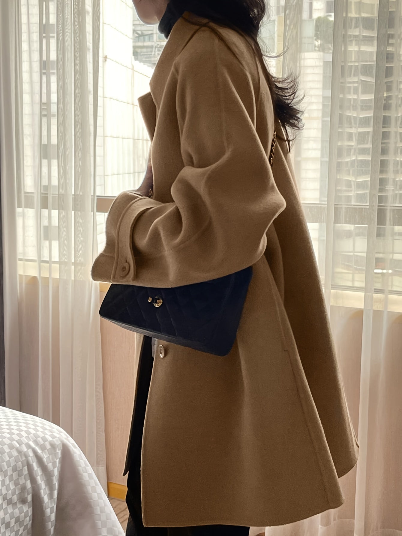Sixsr Solid Color Button Front Coat, Casual Long Sleeve Lapel Coat For Fall & Winter, Women's Clothing