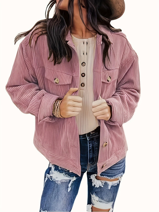 Sixsr Plus Size Casual Coat, Women's Plus Solid Corduroy Long Sleeve Button Up Lapel Collar Coat