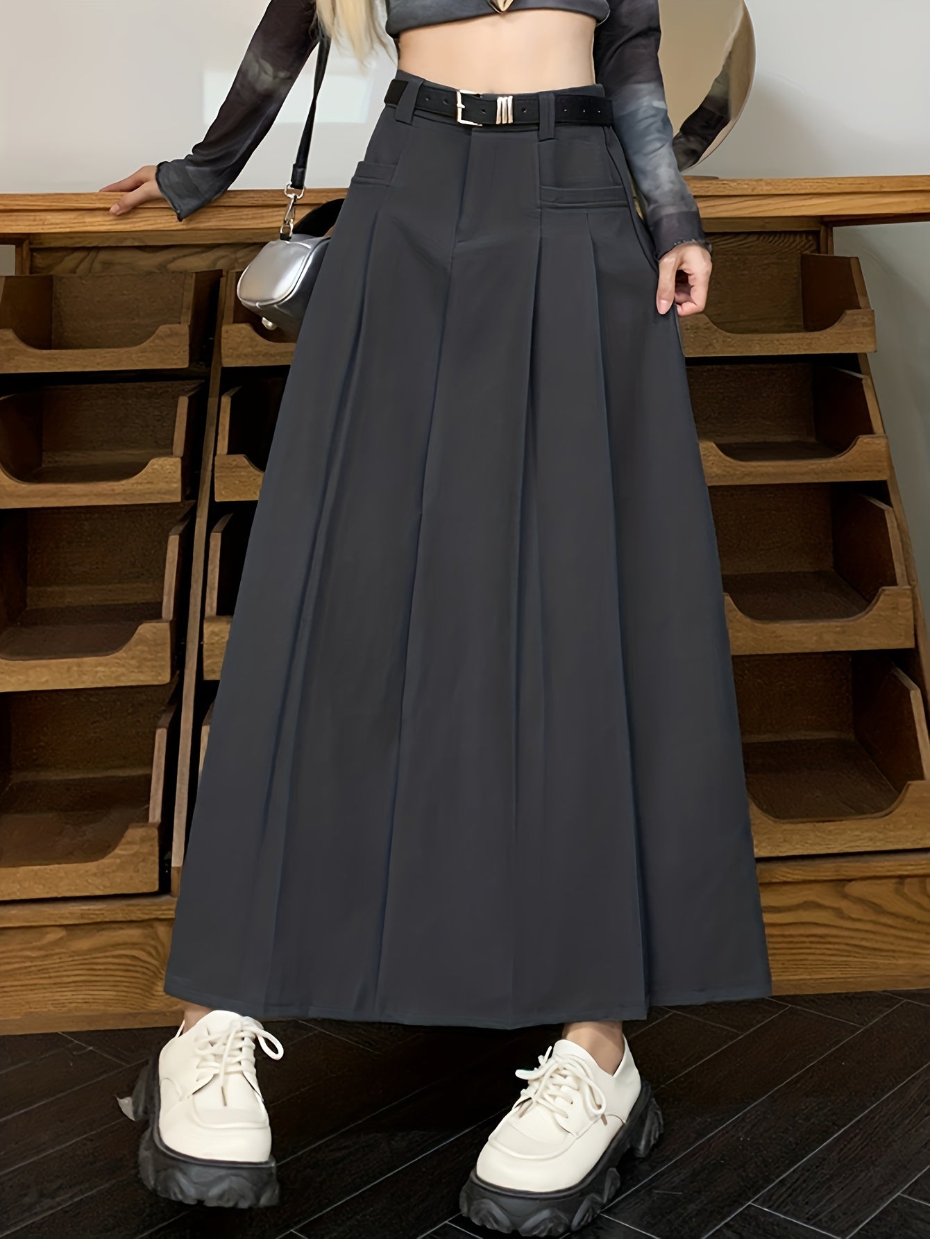 Sixsr Solid Pleated Swing Skirt, Versatile High Waist Skirt For Spring & Summer, Women's Clothing