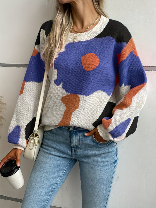 Sixsr Color Block Crew Neck Sweater, Casual Long Sleeve Sweater For Fall & Winter, Women's Clothing