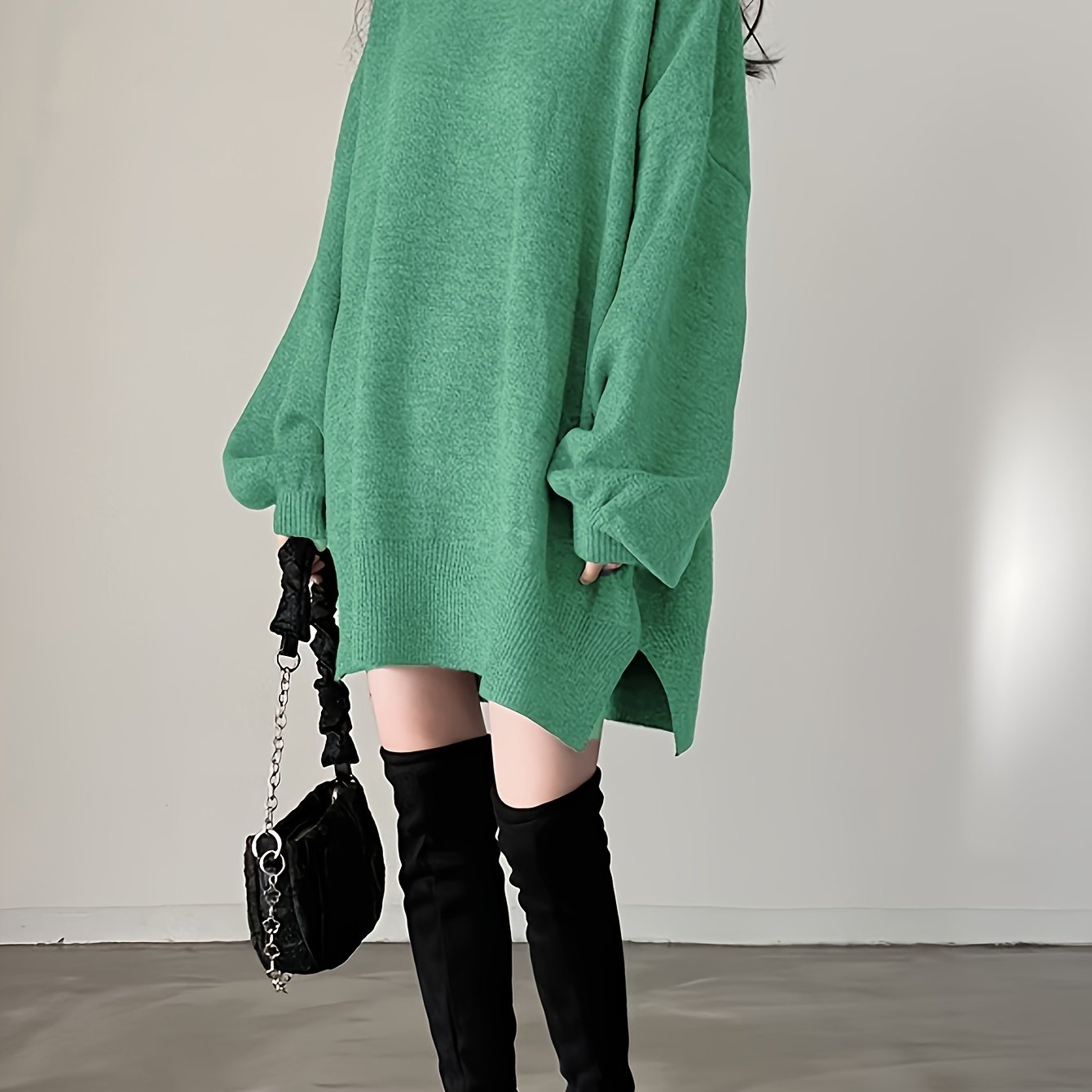 Sixsr Solid Turtle Neck Oversized Sweater, Casual Long Sleeve Split Sweater, Women's Clothing