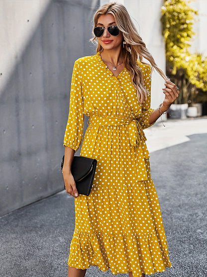 Sixsr Polka Dot Print 3/4 Sleeve Dress, Elegant Wrap Neck Midi Dress, Women's Clothing