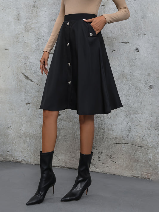 Sixsr Solid Button Decor Aline Skirt, Elegant High Waist Swing Skirt, Women's Clothing
