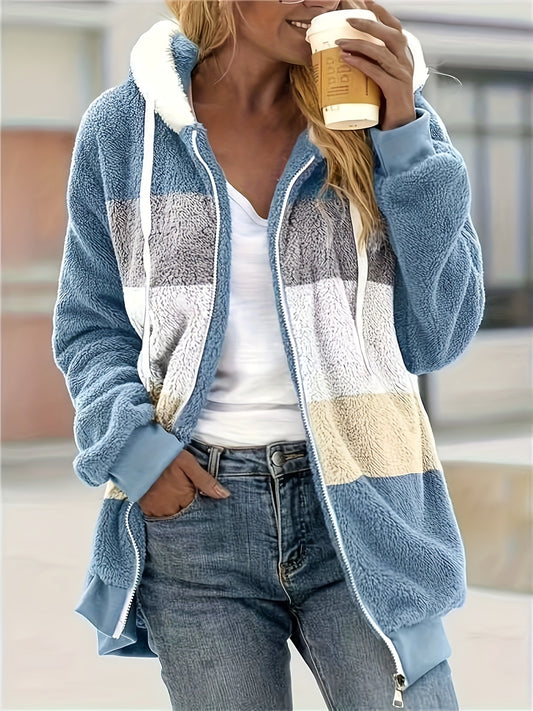 Sixsr Plus Size Casual Coat, Women's Plus Colorblock Teddy Fleece Hooded Drawstring Long Sleeve Loose Fit Coat With Pockets