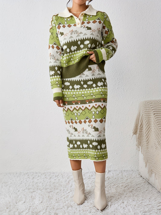 Sixsr Geometric Pattern Knitted Two-piece Skirt Set, Long Sleeve Collared Sweater & Slim Skirts Outfits, Women's Clothing
