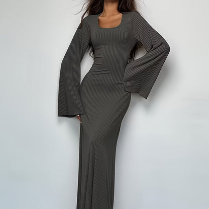 Sixsr Solid Flared Long Sleeve Dress, Casual Squared Neck Maxi Dress, Women's Clothing