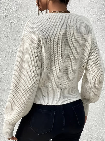 Sixsr Solid Surplice Neck Knit Sweater, Casual Long Sleeve Sweater, Women's Clothing