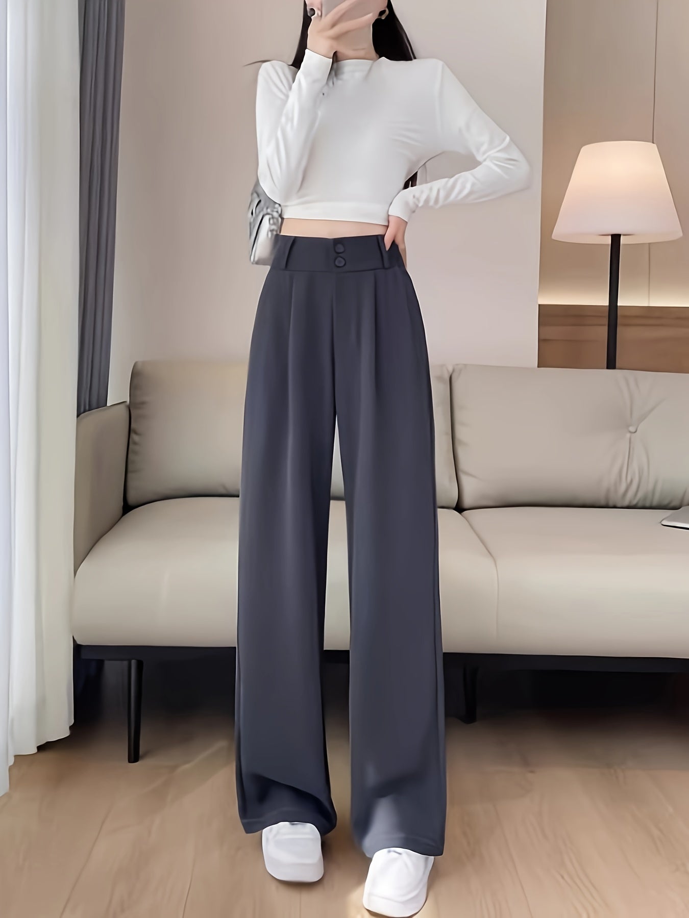 Sixsr Solid Color Straight Leg Pants, Casual High Waist Loose Pants For Spring & Fall, Women's Clothing