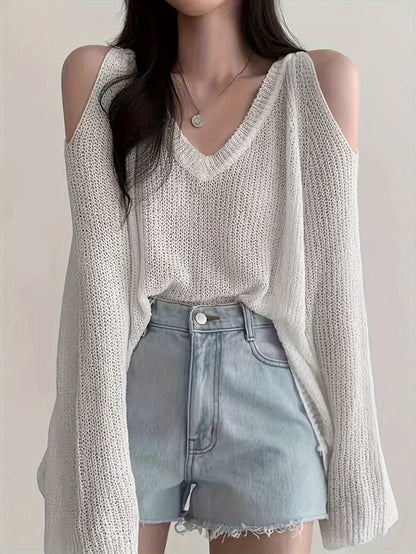 Sixsr Solid V Neck Thin Pullover Sweater, Casual Cold Shoulder Long Sleeve Loose Sweater, Women's Clothing