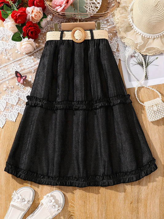 Girls' Skirts High Waist Belted Smocked Hem A-line Long Skirt For Party Going Out