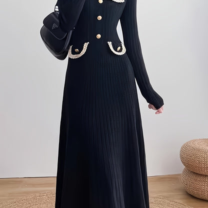 Sixsr Button Front High Waist Dress, Elegant Long Sleeve Midi Dress, Women's Clothing