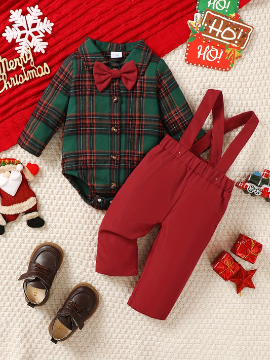 2PCS Christmas Baby Boy's Plaid Long Sleeve Collared Onesie & Suspender Pants, Cute Little Gentleman Two-Piece Outfit, Outdoor Cloth