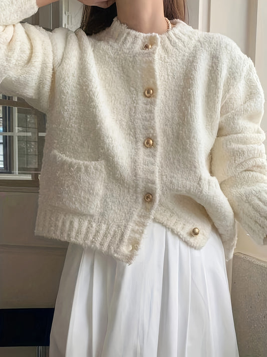 Sixsr Solid Button Down Fuzzy Knit Cardigan, Casual Crew Neck Long Sleeve Thick Sweater, Women's Clothing