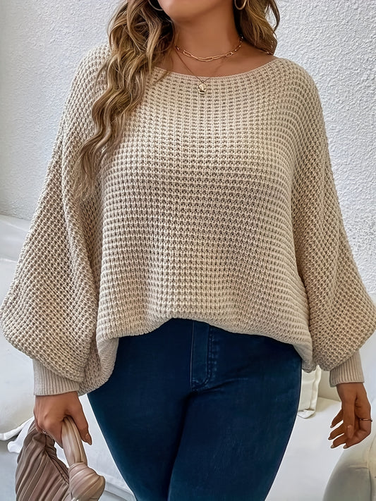 Sixsr Plus Size Casual Sweater, Women's Plus Plain Bat Sleeve Round Neck Slight Stretch Pullover Sweater